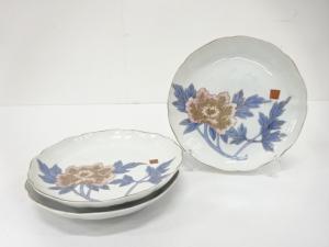 源六製　色絵　牡丹　七寸皿　3客揃